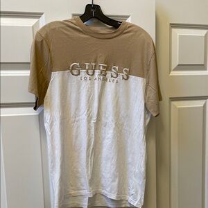 GUESS Tan and White Colorblock Logo Tee